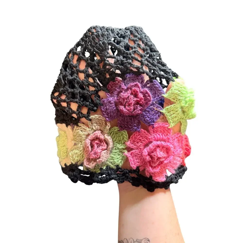 Black crochet skull cap beanie open weave multicolor flowers one size rainbow